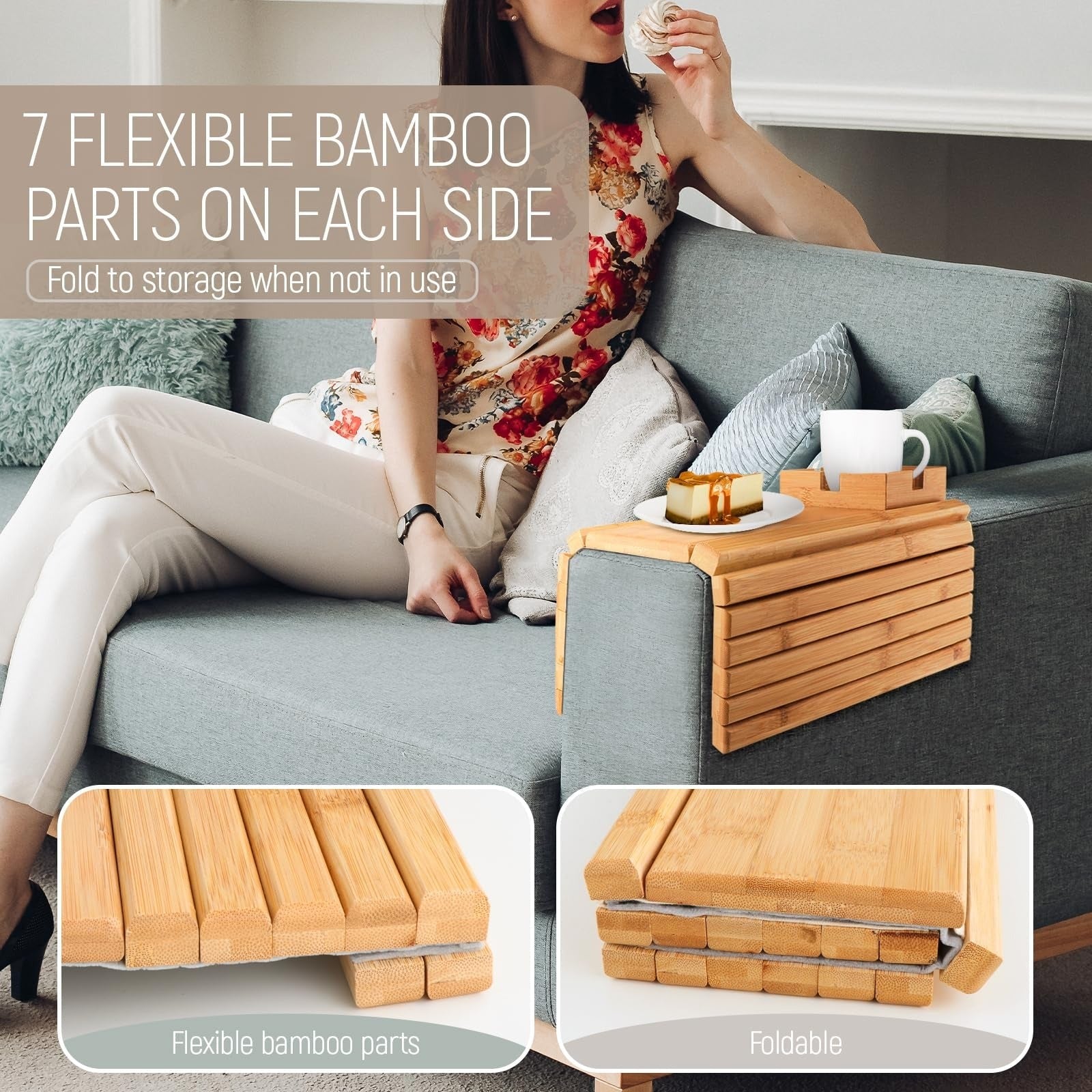 Couch Arm Tray Wooden Sofa Cup Holder Anti-Slip Clip On Side Table Drink Coaster Organizer For Eating/Drinks/Snacks