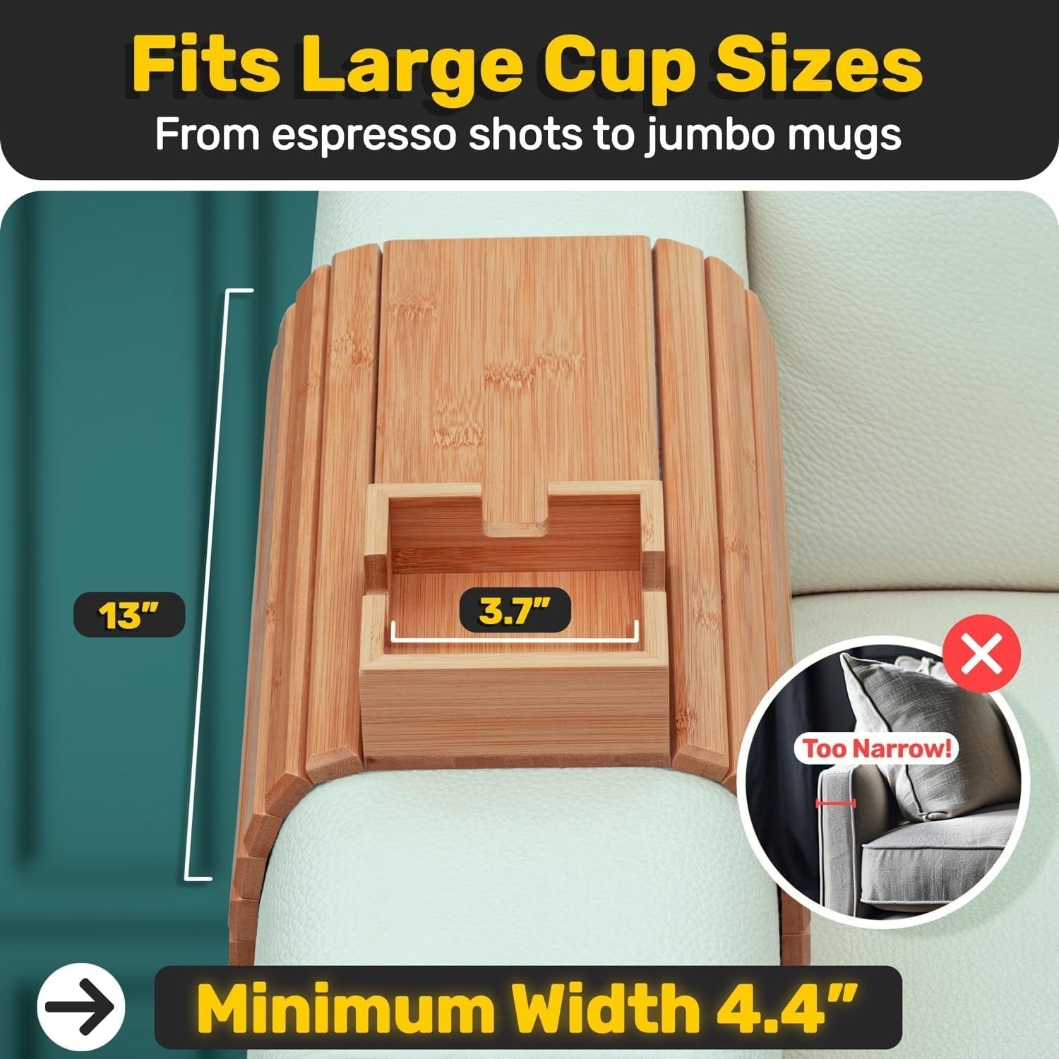 Couch Arm Tray Wooden Sofa Cup Holder Anti-Slip Clip On Side Table Drink Coaster Organizer For Eating/Drinks/Snacks
